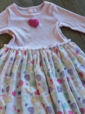 Young Hearts Pink Long Sleeve Dress with a Multicolor heart Lined Skirt, Size 4
